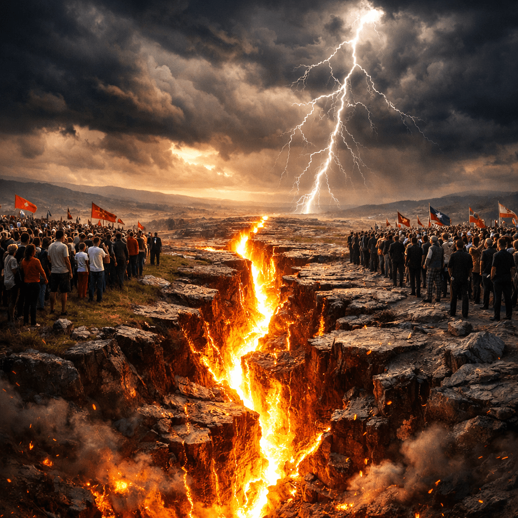 Crowds separated by a glowing volcanic fissure with lightning striking above