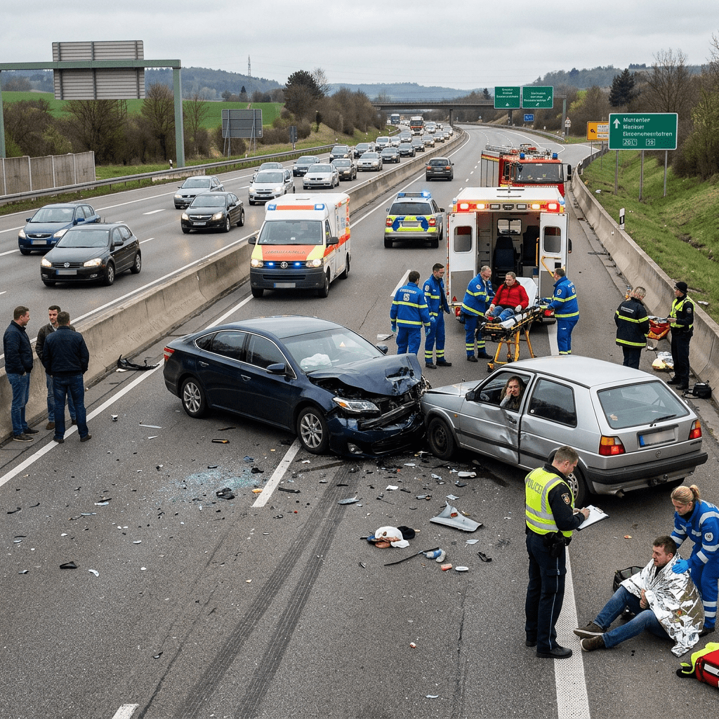 Two damaged cars blocking highway lanes with emergency personnel aiding injured individuals and an ambulance.