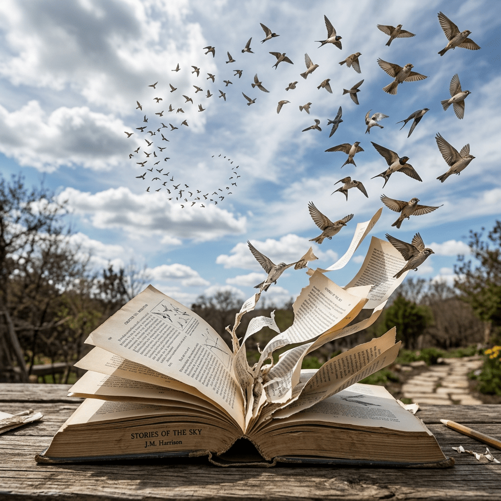 Open book with pages turning into flying birds against blue sky