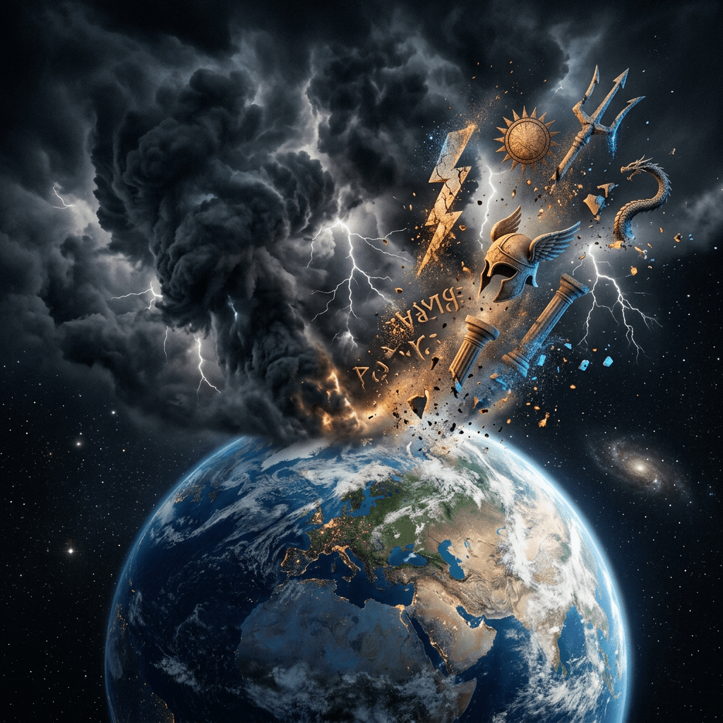 Earth with storm clouds and lightning emerging alongside fragments of mythological symbols