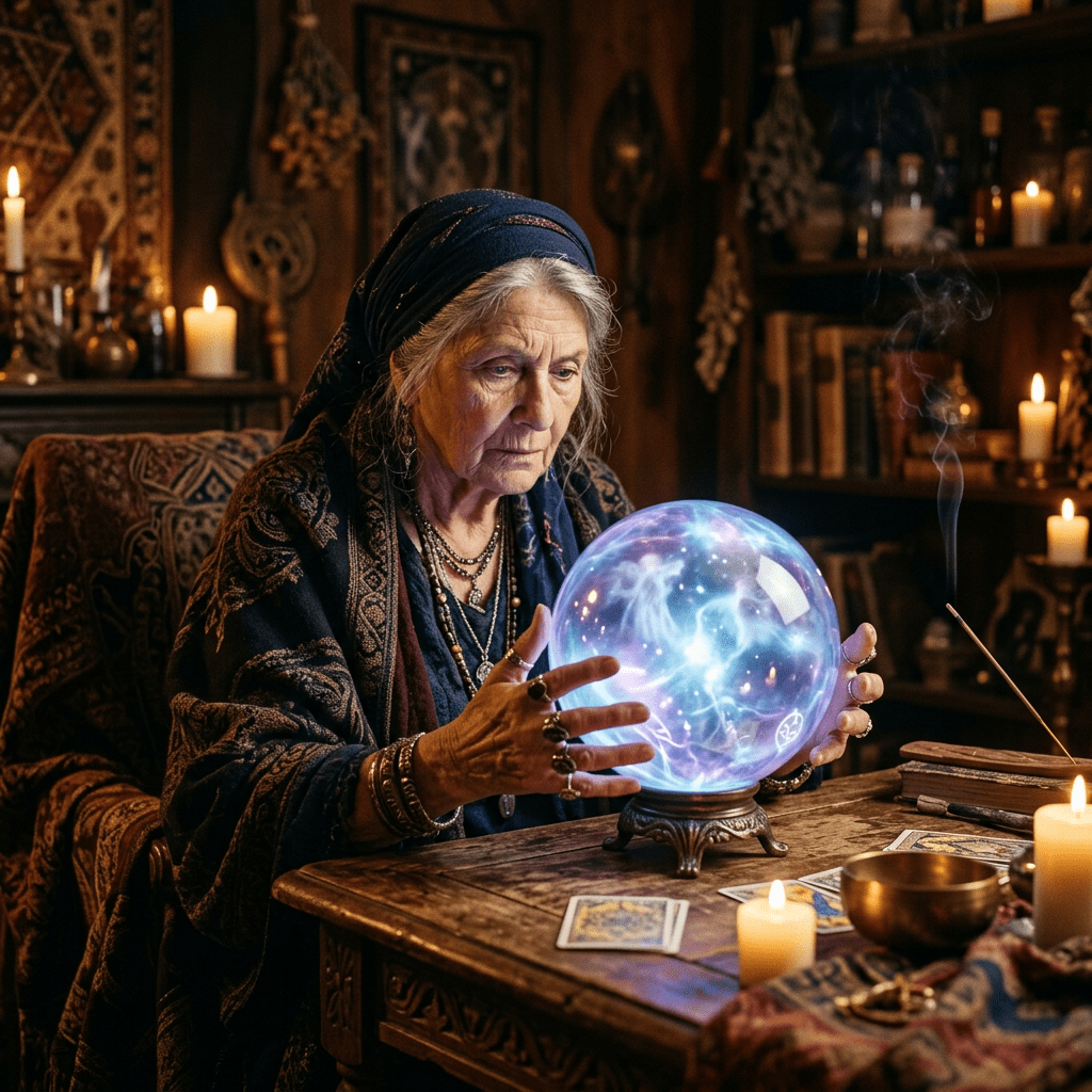 Elderly woman wearing a headscarf looking into a glowing crystal ball on a wooden table with tarot cards and candles