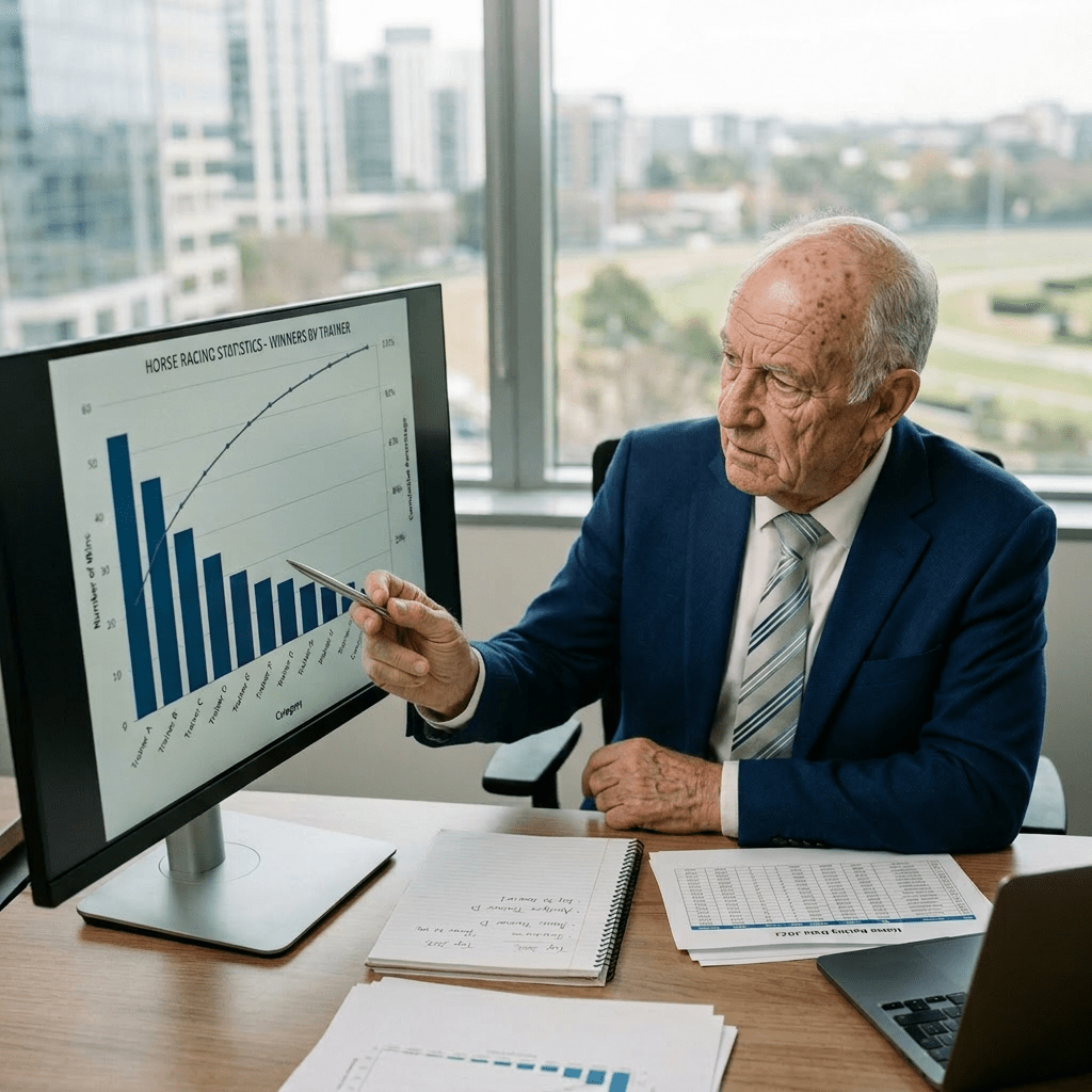 Businessman pointing at horse racing statistics chart on computer monitor
