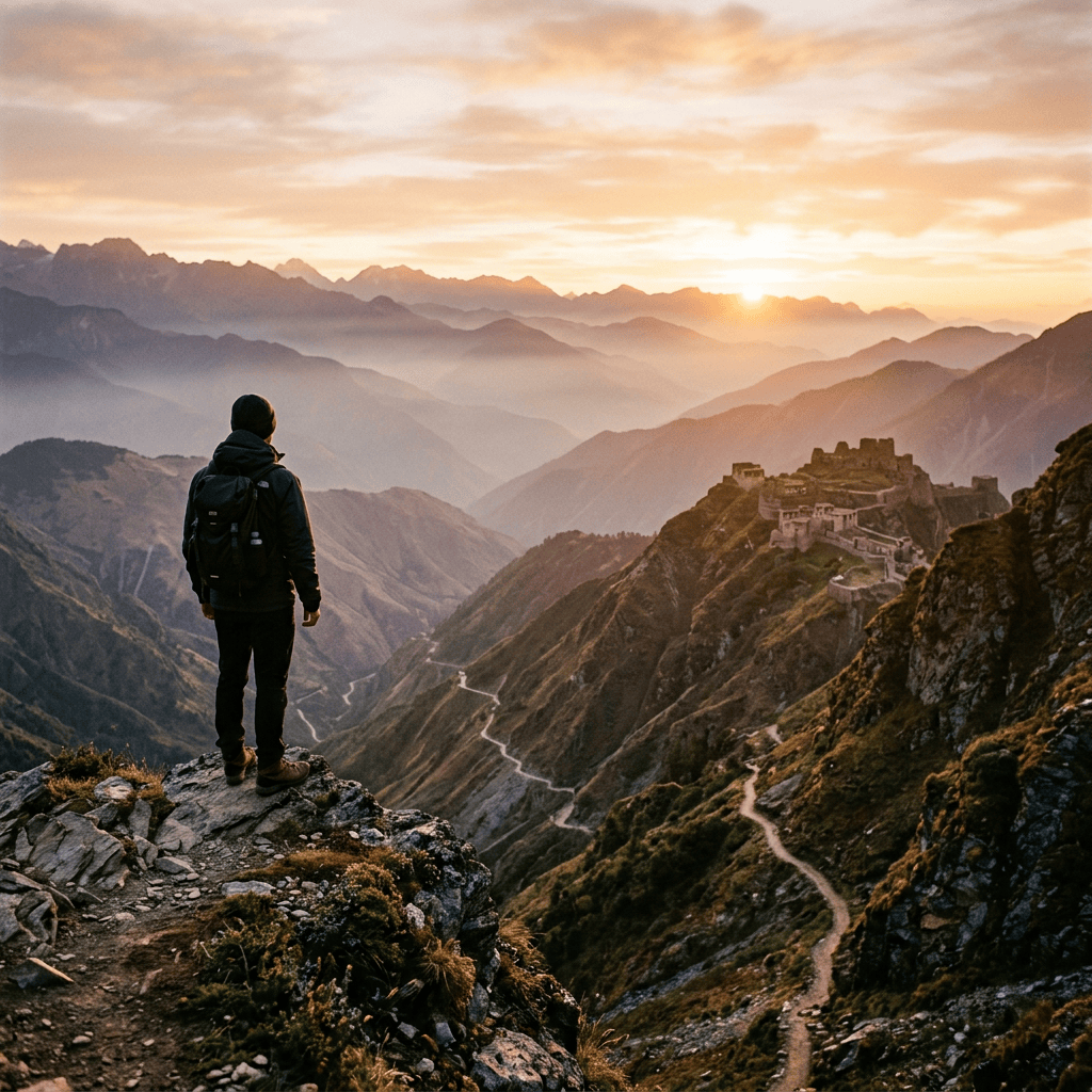 Hiker overlooking layered mountains, winding trail, and hilltop fortress at sunset