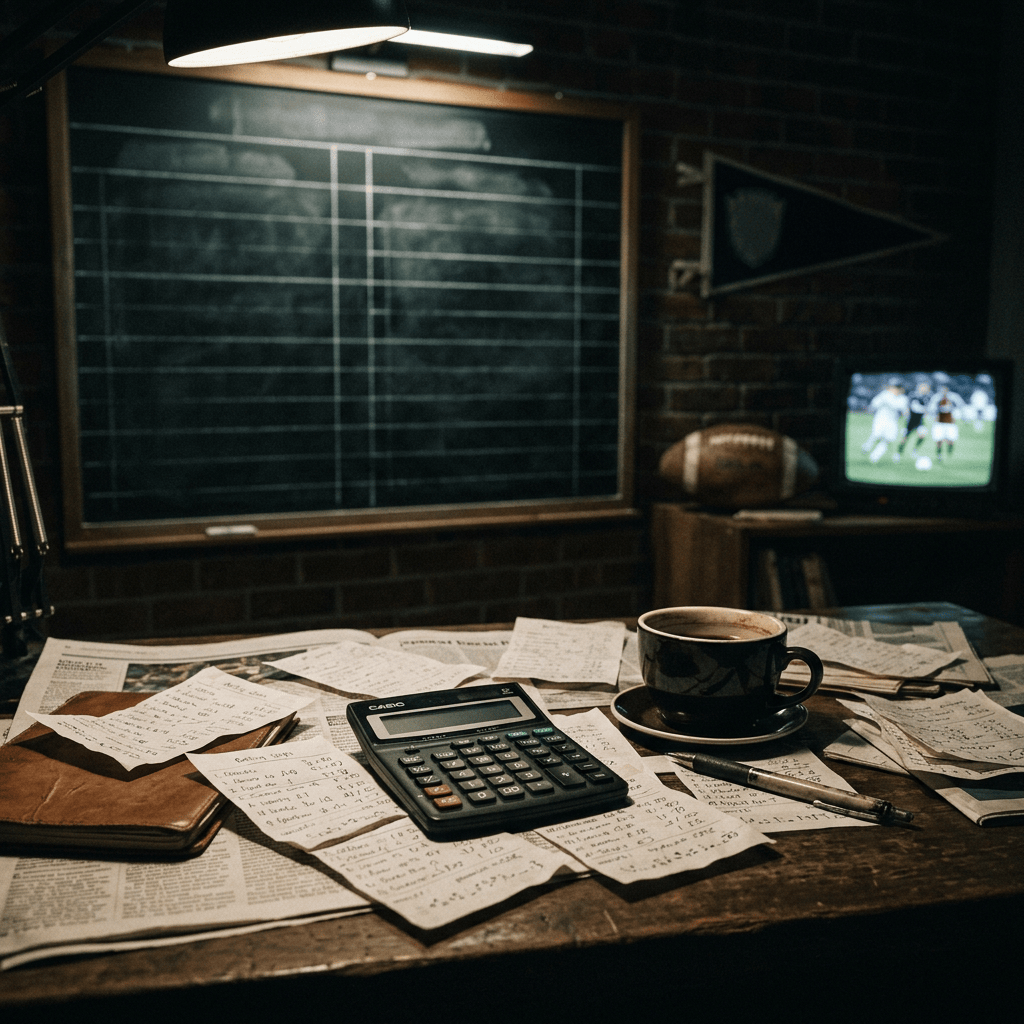 Calculator and handwritten sports notes beside coffee, football, and a television