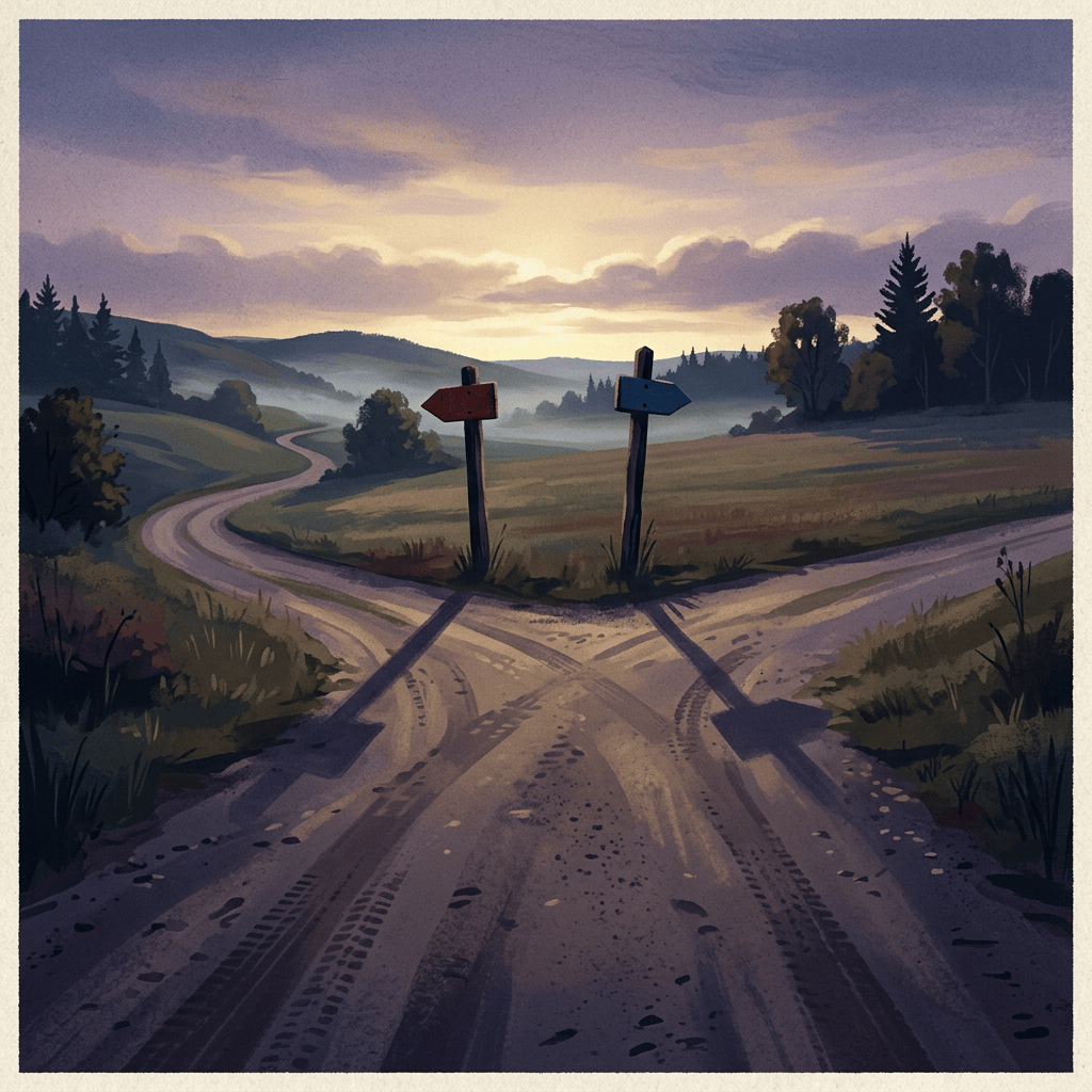 Two directional signposts at a fork in a rural road during sunset
