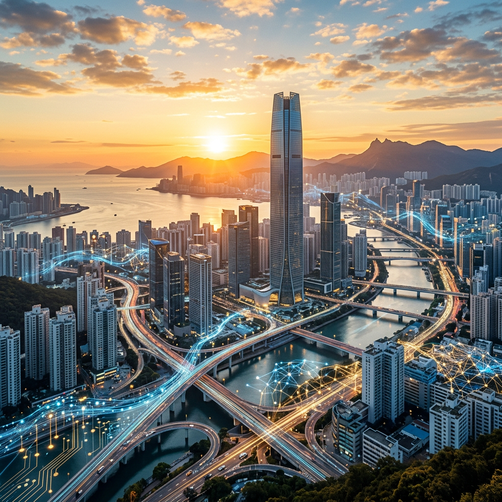 Futuristic coastal city with skyscrapers, bridges, glowing roads, and sunset