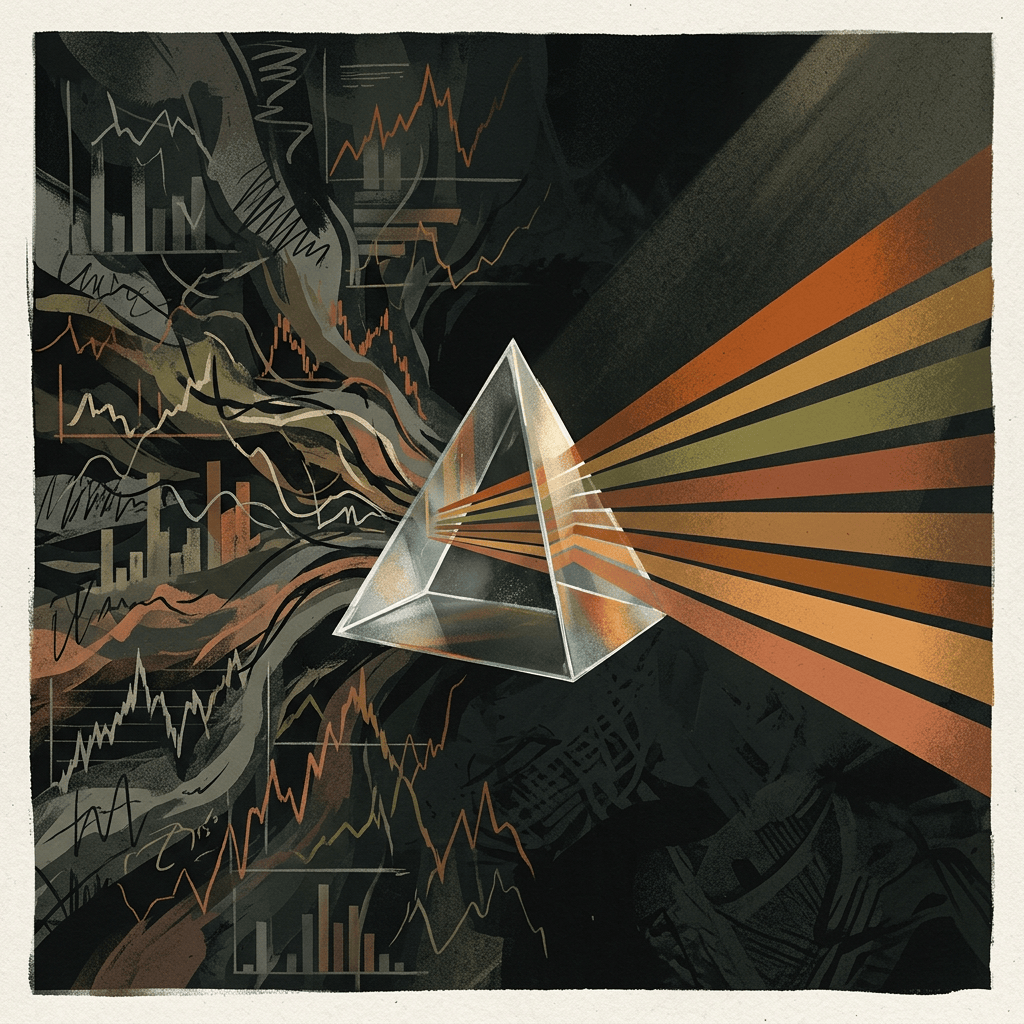 Glass prism scattering colored rays over financial charts and graphs